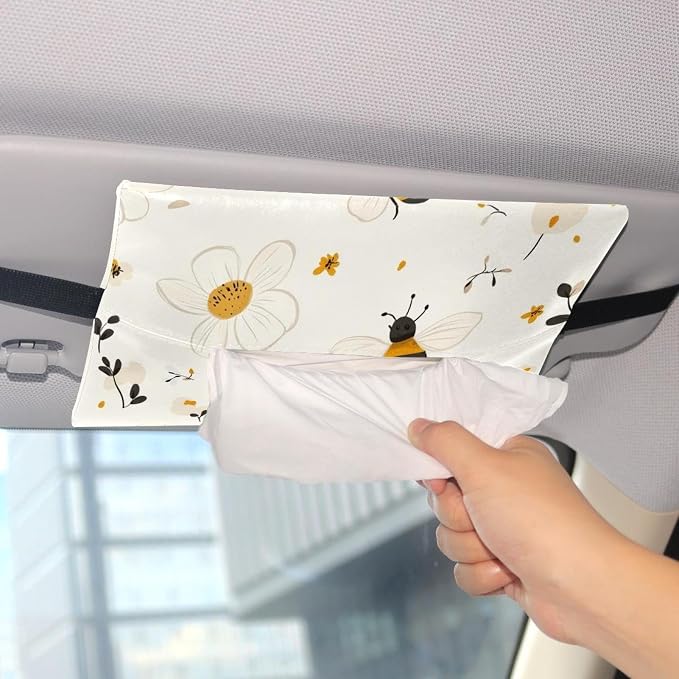 White Flower and bee (36) Car Tissue Holder, Tissue Box Cover Keep Car Tidy, Microfiber Leather Backseat Napkin Rectangle Organizer, Extra Large Tissue Box Storage in Car
