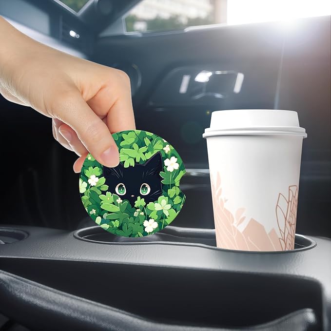 Aiawoxc Car Cup Holder Coasters, 2 Pack Universal Auto Anti Slip Insert Coaster with A Finger Notch, Cup Mat for Most Car Interior, Green Leaf Cat