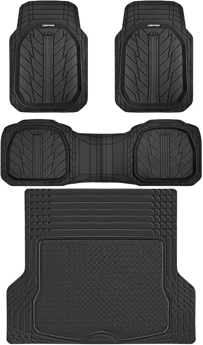 CAR PASS Deep Dish Floor Mats for Cars, Heavy Duty Rubber Floor Mats with Trunk Cargo Liner, Universal Trim-to Fit Automotive Floor mats for Truck Van SUV Waterproof All Weather Car Mats Solid Black