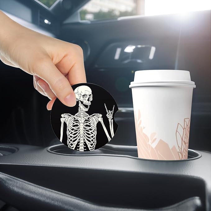 Aiawoxc Car Cup Holder Coasters, 2 Pack Universal Auto Anti Slip Insert Coaster with A Finger Notch, Cup Mat for Most Car Interior, Skull