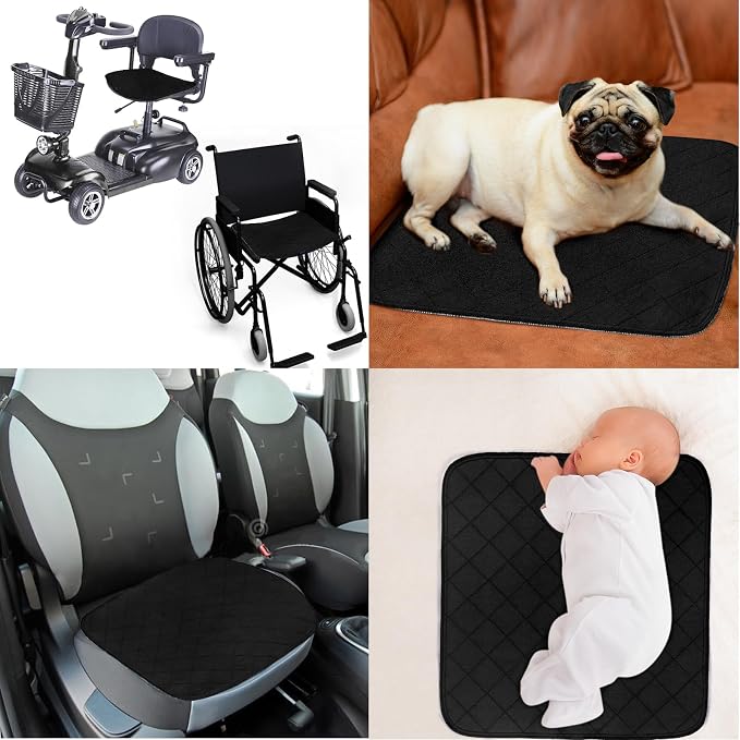 Waterproof Chair Pads for Incontinence 22" x 21", 4 Pack Non Slip Absorbent Wheelchair Reusable Seat Protector, Washable Seat Covers for Chairs, Black