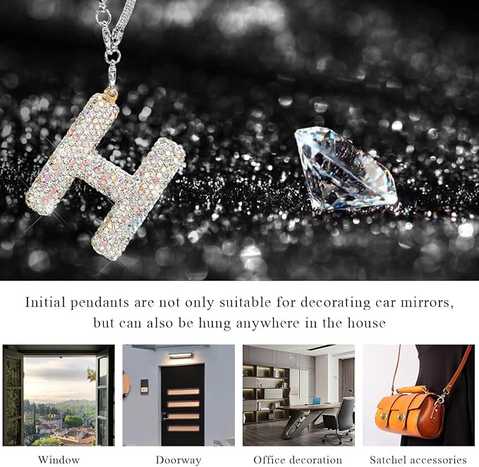 DXNQ Bling Initial Car Rear View Mirror Ornament, Crystal Sparkling Cute Letter Charm Pendant Auto Decor, Hanging Lucky Diamond Initial Charm Car Mirror Bag Ornament for Girl Women (Letter H)
