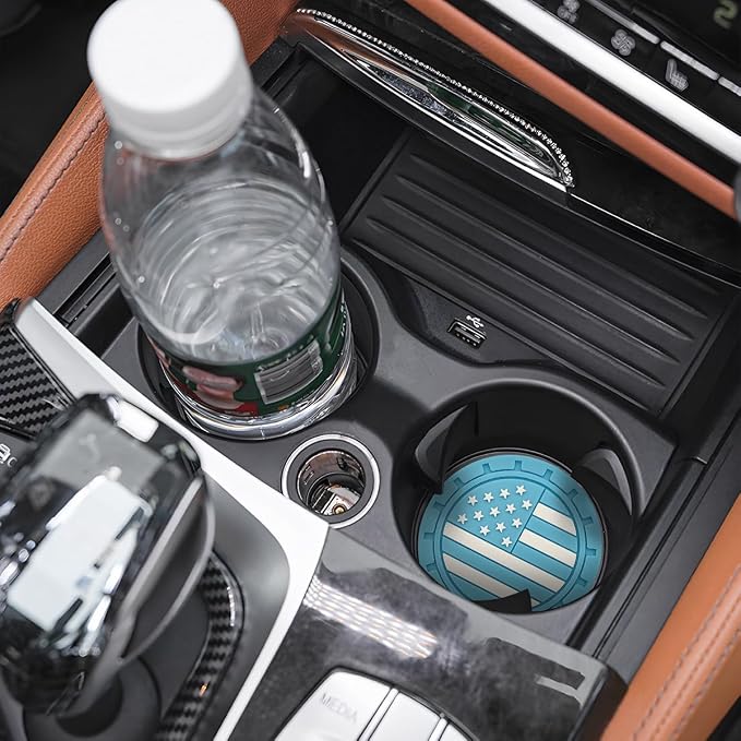 AUCELI 2 Pack Car Cup Holder Coasters, Colored American Flag US Flag Insert Car Cup Coaster, 2.75 Inch Anti Slip Shockproof Embedded Drink Mat, Vehicle Interior Decor Accessories