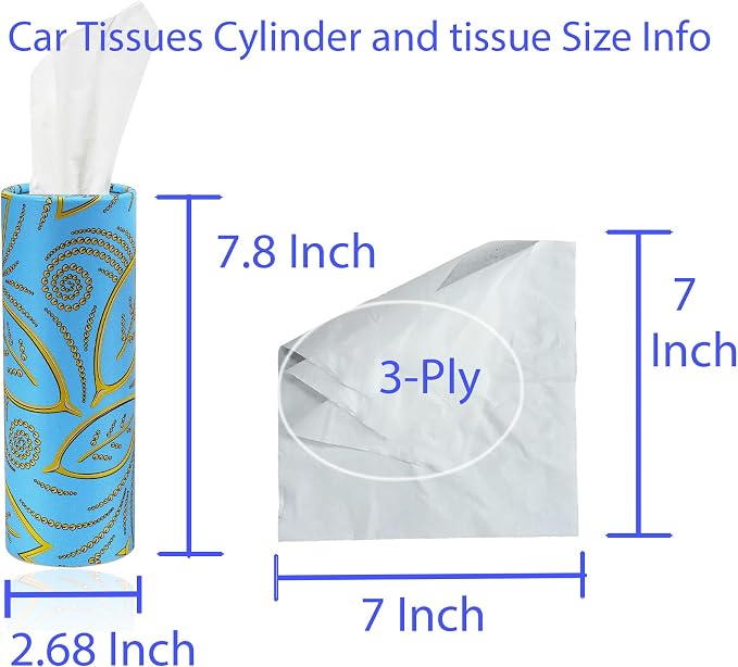 Refillable Car Tissue Holder Dispenser with facial tissues, Universal Round Auto Tissue Box Organizer with 9-Pack Travel papers, Fit for Car Cup Holder Tissues Cylinder - Blue