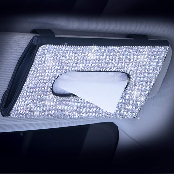 ChuLian Bling Bling Car Visor Tissue Holder Leather Crystals Paper Towel Cover Case & Glitter Sunglasses Clip for Women Black
