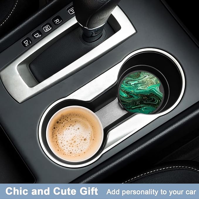Nipichsha Car Coasters for Cup Holders, 2 Pack Absorbent Ceramic Car Cup Holder Coaster for Drinks, Cute Auto Assecories for Women Men, Size 2.56 in with Finger Notch & Cork Base, Green Gilt Marble