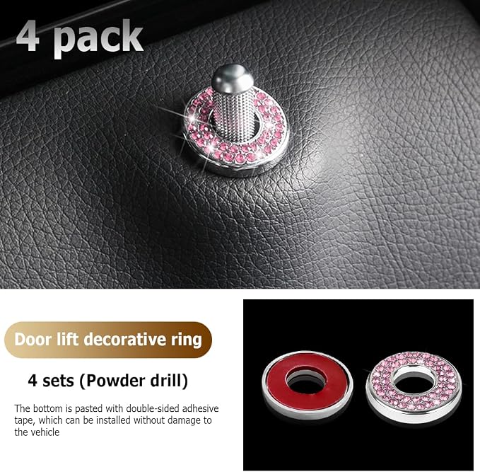 4PCS Bling Inner Car Door Lock Cover Stickers, Rhinestones Pull Rod Bolt Decorations, Crystal Auto Decals for Women Girls, Sparkly Car Door Lock Pin Caps for C Class C200L GLC260 C260L