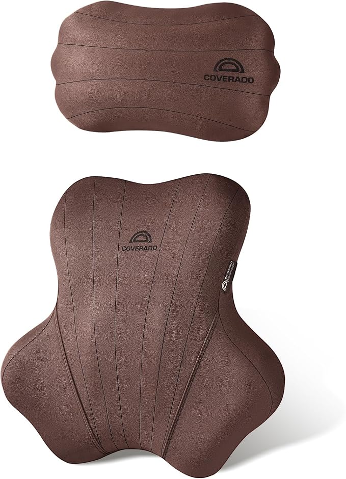 Coverado Car Lumbar Support Pillow and Car Neck Pillow Kit, Ergonomic Design Car Headrest Pillow for Driving, Relax Back Head Muscles Relieve Driving Fatigue, Breathable & Removable Cover