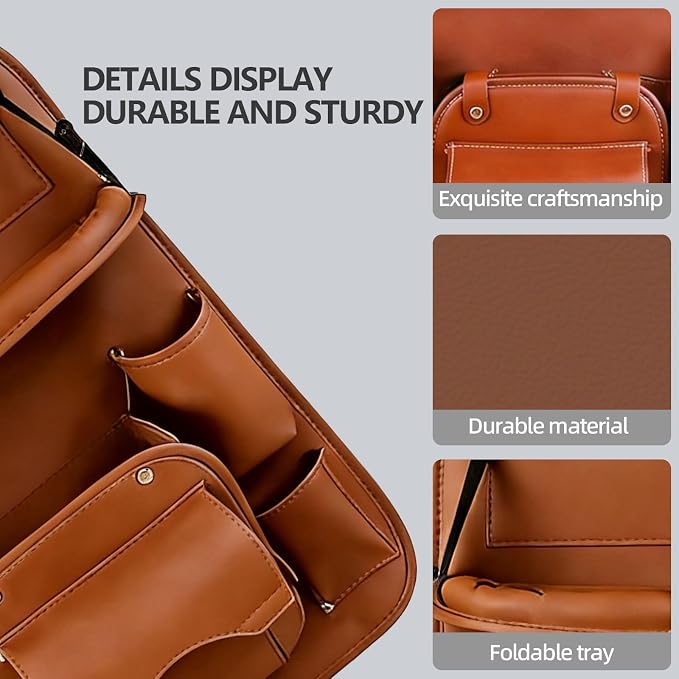 2 Pack Car Backseat Organizer with Foldable Table Tray, PU Leather Seat Back Organizer with Trash Bin, Tablet Holder, Kick Mat Protector, Back Seat Storage for Cars, Brown