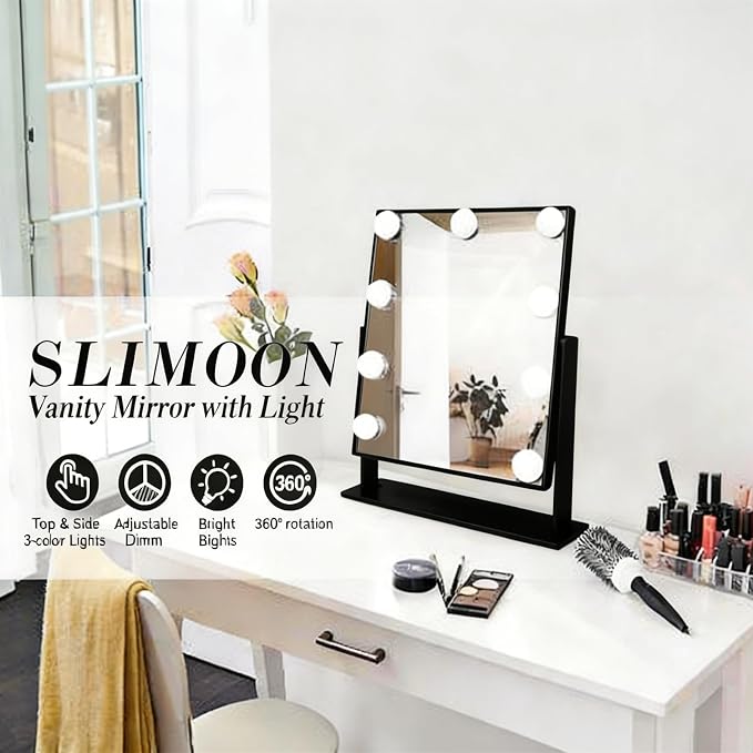 Makeup Vanity Mirror with LED Lights Makeup Mirror Detachable 10X Magnification, Hollywood Make Up Mirror with Lighting, Smart Touch, Rechargeable,360° Rotation, Black 13.77"x 11.81"