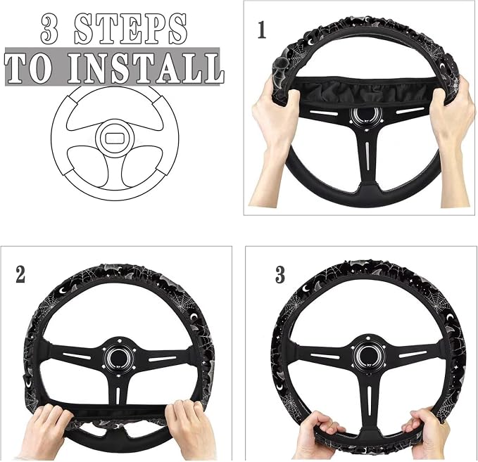 AFPANQZ Automotive Steering Wheel Covers for Driver Universal 14 to 15 in | Bat Spider Web Print Steering Wheel Protector with Cloth for Women, Keep Warm Comfort Grip, Sweat Absorption Neoprene