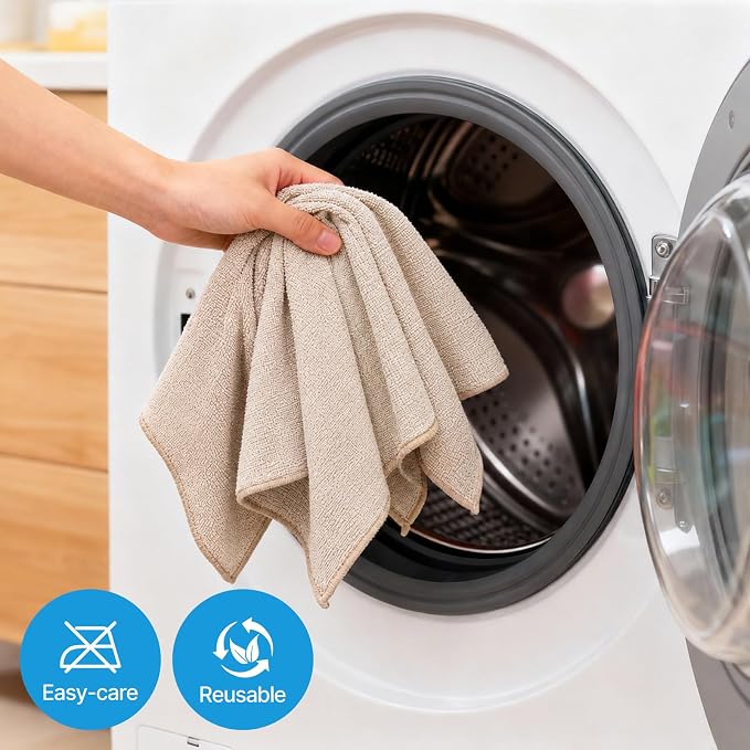 QYL Microfiber Cleaning Cloth,12 Pack Cleaning Rags, Cleaning Towels with 4 Color Assorted, 11.8"X11.8", Beige