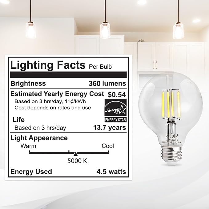 KOR LED G25 Filament Globe Bulbs, 4 pack, 40 Watt Equivalent, 5000K Bright White, Edison Dimmable 4.5W, E26 Medium Base, 360 Lumens, CRI 90, Clear Glass Light Bulbs for Bathroom, Makeup Mirror, Vanity