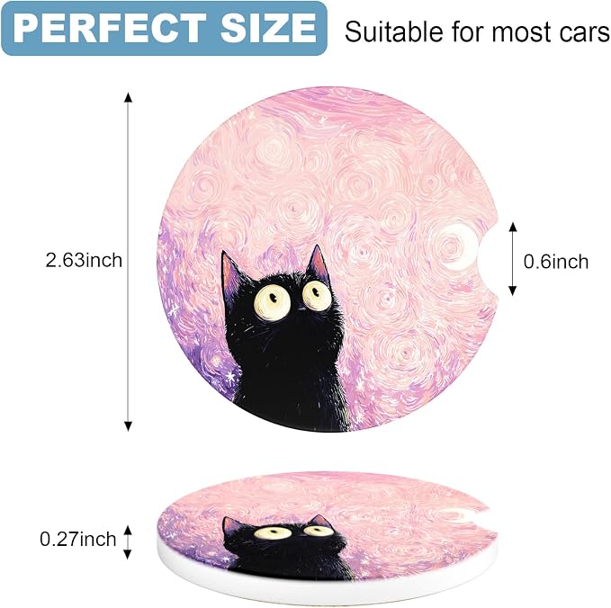 2 Pack Car Cup Holder Coaster, 2.63 inch Anti Slip Insert Absorbent Ceramic Car Coaster with Cork Base and Finger Notch, Cute Car Accessories Interior for Women, Cute Car Coasters.