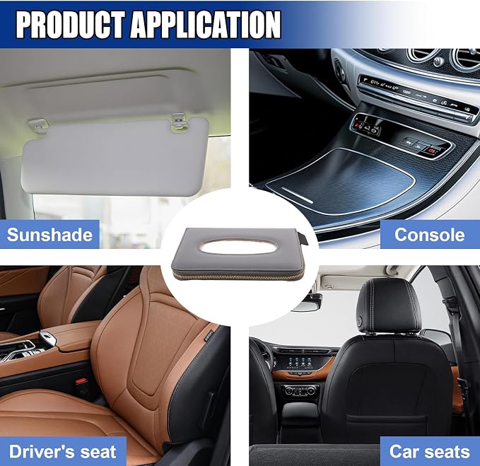 Car Tissue Holder, Leather Car Sun Visor Napkin Box with Tissue Refill, Auto Backseat Paper Carton Mask Dispenser with Zipper, Universal Hanging Vehicle Towel Clip for RV, SUV, Truck (Grey)