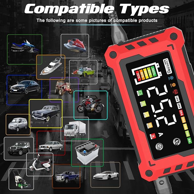 COREBOX Battery Charger 25-Amp 12V/24V Automatic Smart Battery Trickle Charger, Battery Maintainer Desulfator with Temperature Compensation for Car Truck Motorcycle Lawn Mower Marine