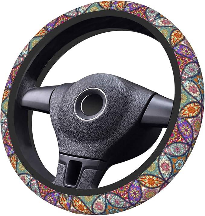 Floral Mandala Steering Wheel Cover for Women Girls, Universal 15 Inch Anti Slip Steering Wheel Protector Car Accessories Interior for Auto Truck SUV