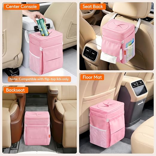 Lifewit Car Trash Bin, 2 Gallon Leakproof Waterproof Vehicle Garbage Can with Lid & Tissue Holder, Car Interior Organizer for Front/Back/Console, Automotive Accessory, Pink