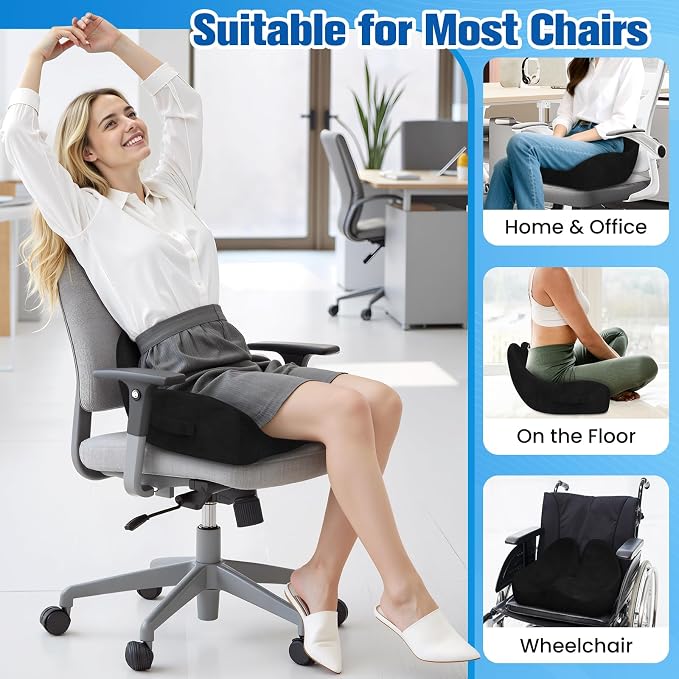 Seat Cushion, Chair Cushions for Office Chairs/Desk Seats/Wheelchair - Hip&Sciatica&Tailbone Pain Relief Memory Foam Office Chair Cushion for Long Sitting Office Workers(Black, X-Large)