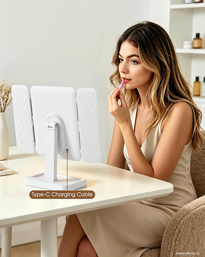 BWLLNI Trifold Vanity Mirror with Lights, Diamond Lattice Makeup Mirror, 2X/3X Magnification, 3 Colors Dimmable, 270° Rotation, Height Adjustable Stand with Storage Base