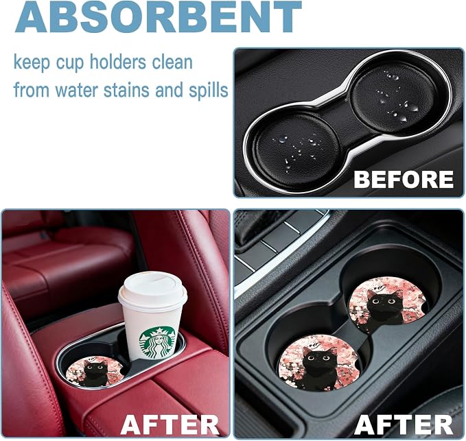 Car Cup Holder Coaster Set of 2, 2.56 in Ceramic Coasters, Scratch-Resistant Cork Backing, Finger Groove Design for Easy Placement, Cute Car Accessories Interior for Women (Cute Kitten)