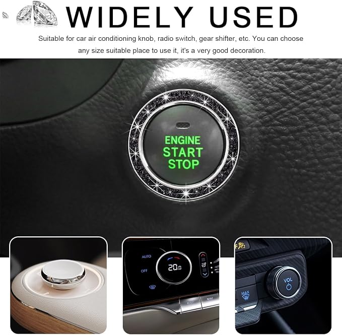 Car Bling Crystal Rhinestone Engine Start Ring Decals, Sparkling Diamond Car Push Start Button Ignition Ring Sticker, Auto Key Ignition Knob Ring Decoration for Women Girls (Black)