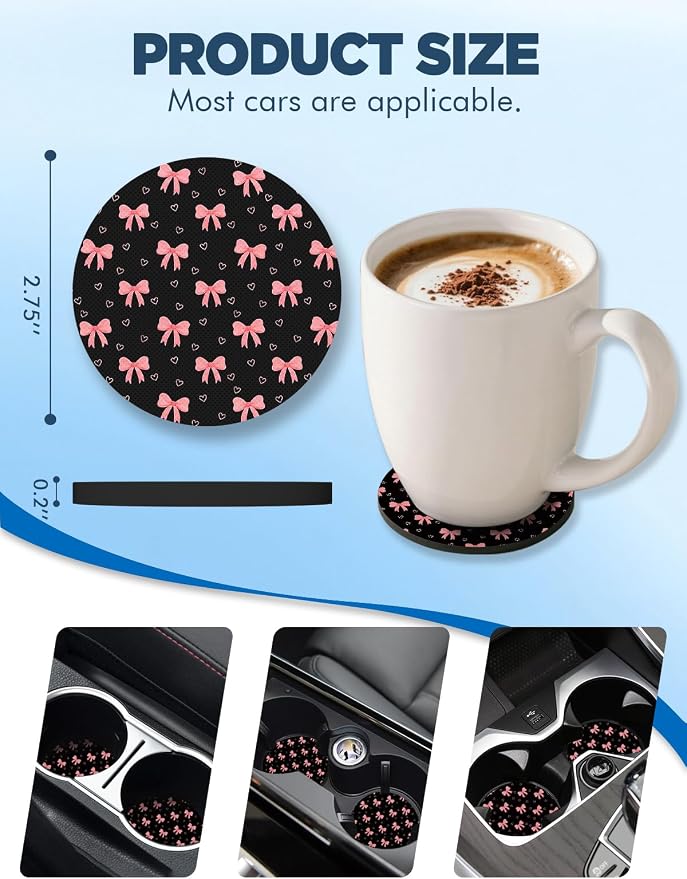 WOCOCN Car Coasters for Cup Holders - 2 Pack 2.75" Universal Rubber Car Cup Coaster, Non-Slip Waterproof Car Interior Accessories, Cute Car Decor Gifts for Women and Men (Bow)