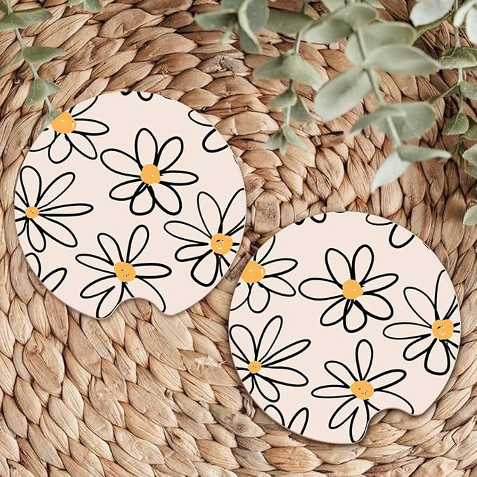 Ceramic Car Coasters – Absorbent Car Cup Holder Coaster Set for Women, Cute Aesthetic Car Accessories for Girls, 2 Pack (Yellow)