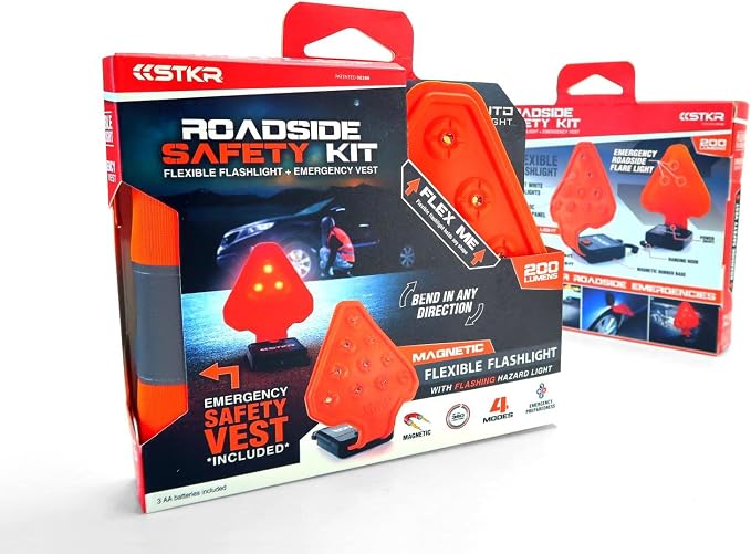 STKR Concepts FLEXIT AUTO Roadside Flashlight Safety Kit - A 200 Lumen, Ultra-Flexible Roadside Safety LED Flashlight + High-Vis Safety Vest Combo Kit,Orange,00388