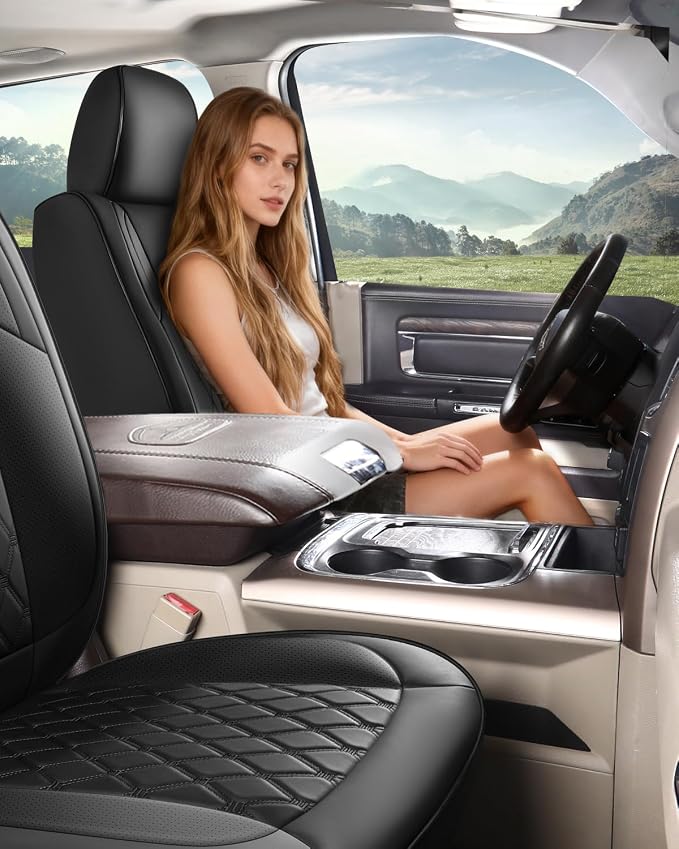 Custom Seat Covers fit for Dodge Ram 1500 2500 3500, Full Coverage Luxury Leather Ram Truck Seat Cover 2009-2025 Compatible with Crew Cab Double Quad Regular (Black, Full Set (Flat Front/Curved Rear))