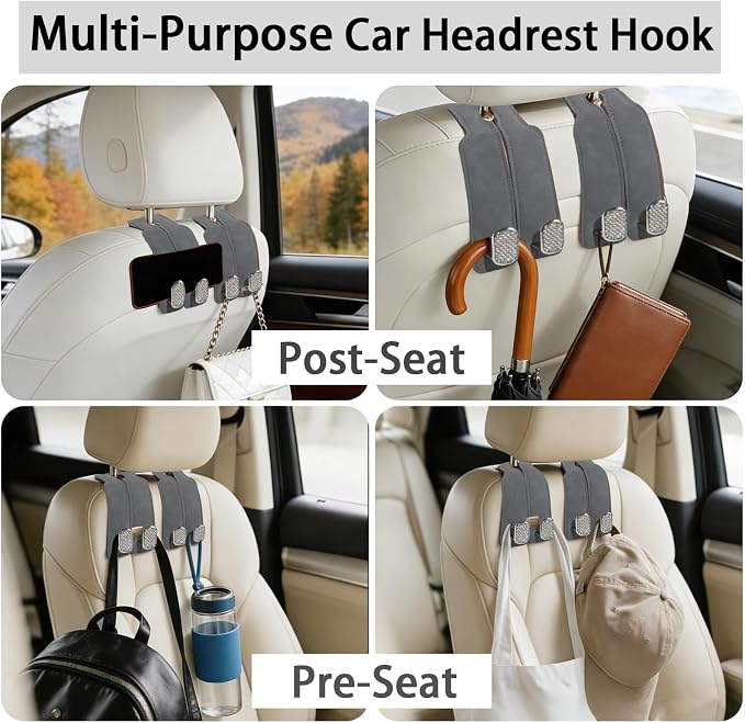 Car Hooks for Headrest: 2Pc Car Seat Back Storage Headrest Hook - Premium Leather Double Metal Hook - Purse Hook For Car Headrest - Car Headrest Hooks for Purses, Handbags, Bags - Grey Diamond