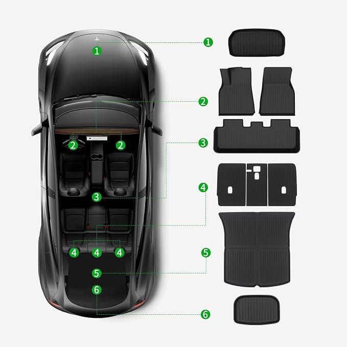 Floor Mats for 2021-2024 Tesla Model Y, 9PCS All Weather Full Set Cargo Liners Accessories, 3D TPE Odorless Trunk Frunk Rear Well Mats Custom for 5-Seater(Not Fit 7Seat & 2025-2026 Juniper)