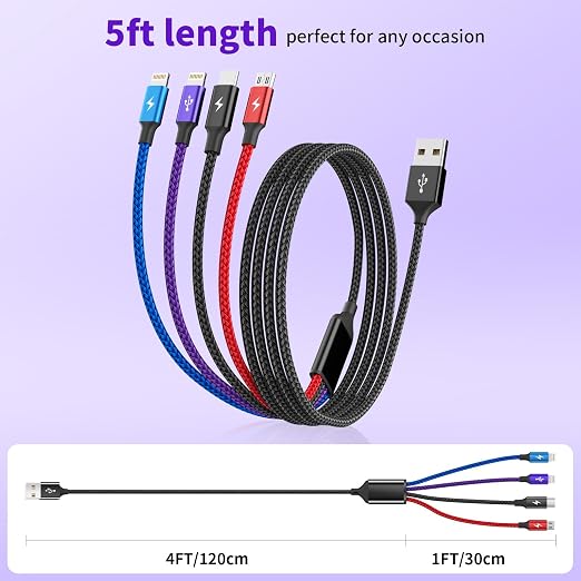 4 in 1 Multi Charging Cable, 2 Pack 5FT Dual IP Charging Cords | USB Cable with IP/IP, USB C & Micro Ports, Nylon Braided Phone Charger for Multiple Devices, Travel & Car Use