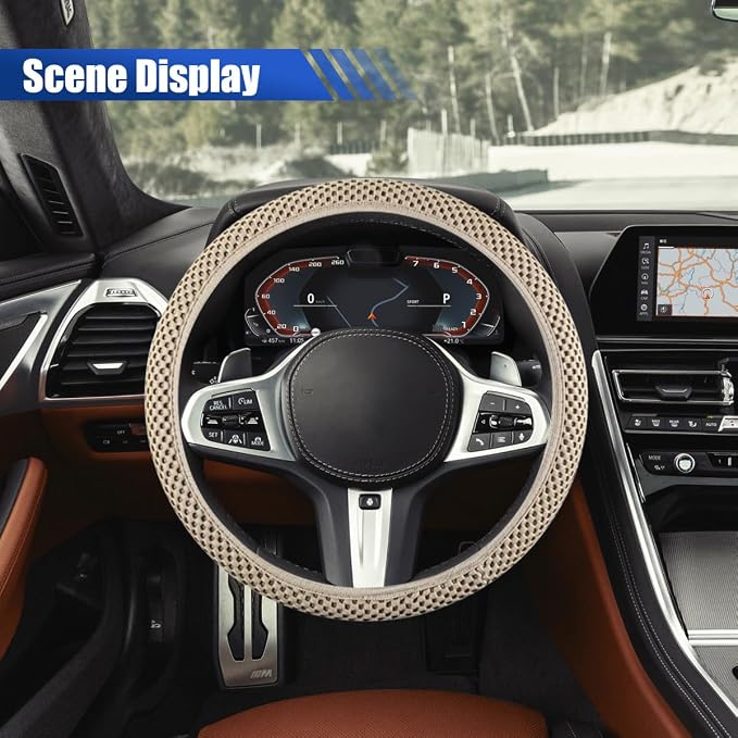 Elastic Stretch Steering Wheel Cover, for Men Women (Beige) | 15" Breathable Microfiber Ice Silk Steering Wheel Protector, Universal Anti-Slip Warm in Winter&Cool in Summer Car Accessory