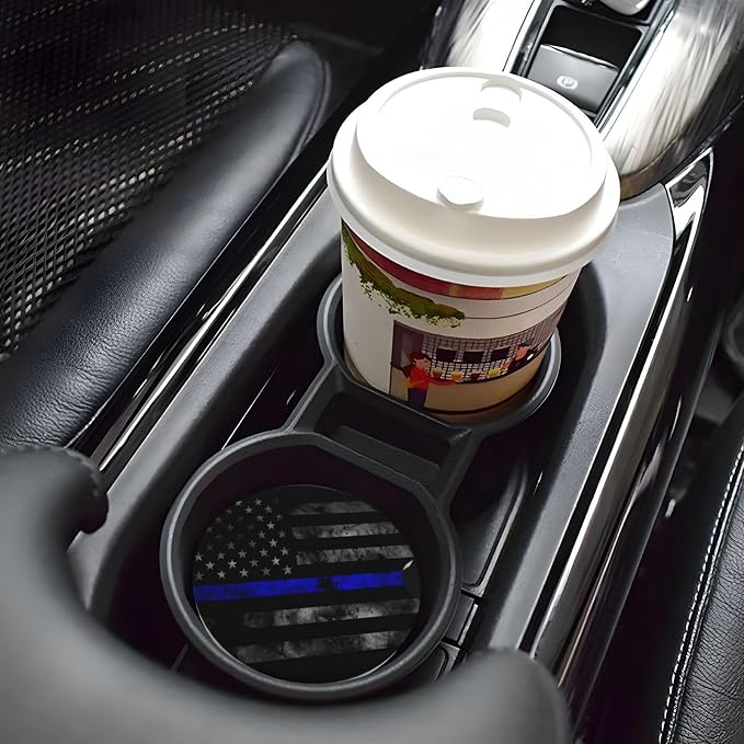 Vintage Thin Blue Line American Flag Absorbent Ceramic Car Coasters 2 Pack Insert Cupholder Coaster Car Cup Holder Mat with Finger Notch Anti-Slip Cork Base Reusable Drink Coasters 2.56 in