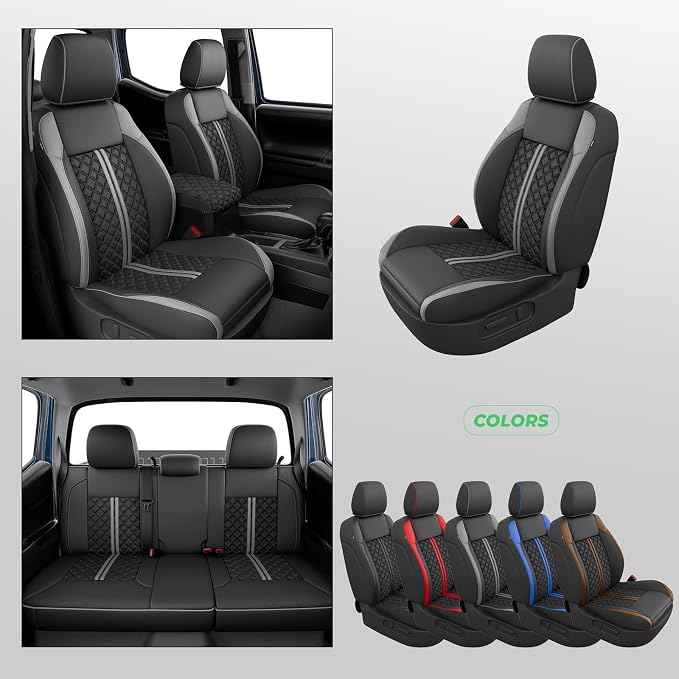 Custom Seat Covers for Tacoma 2016-2023 3rd Gen Double Cab SR5/TRD Off-Road/SR/TRD Sport/TRD PRO Full Set with Console Covers, Waterproof Leather Back and Front Seat Protectors Black Grey