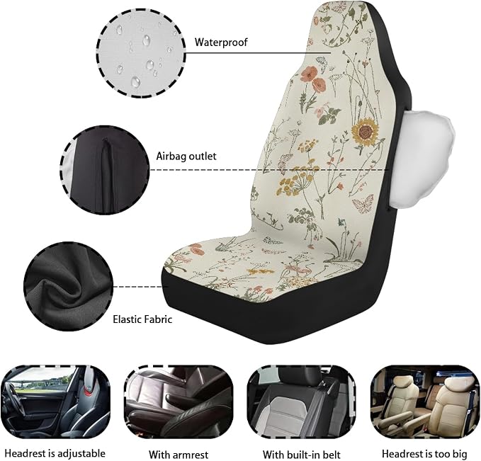 Boho Car Seat Covers Cute - 2PCS Waterproof Front Seat Covers with Car Drying Towel, Airbag Compatible, Universal Fit for Most Vehicle Car Seat Protector for Women SUV Sedans Truck