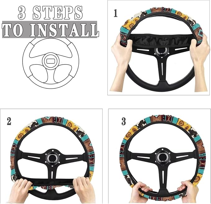 Wanyint Aztec Sunflower Cow Print Blue 15 Inches Car Steering Wheel Covers Universal Auto Accessories Car Interior Decoration for Women Men