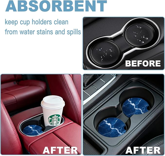 Car Cup Holder Coaster Set of 2, 2.56 in Ceramic Coasters, Scratch-Resistant Cork Backing, Finger Groove Design for Easy Placement, Cute Car Accessories Interior for Women (Dark Blue Marble)