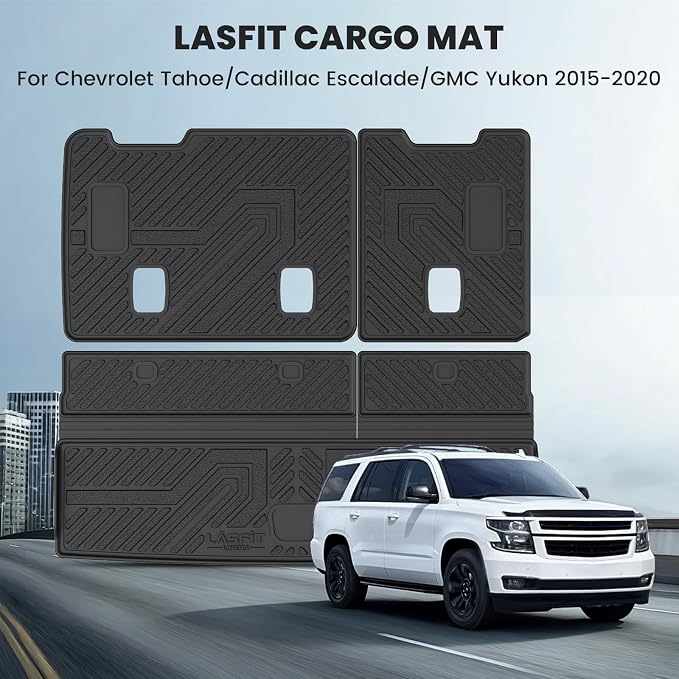 LASFIT Trunk Mat with Backrest Mat 2015-2020 for GMC Yukon (Only Yukon, Not Fit Yukon XL)/Cadillac Escalade (Only Escalade, Not Fit Escalade ESV)/Chevrolet Chevy Tahoe, All Weather TPE Custom Fit