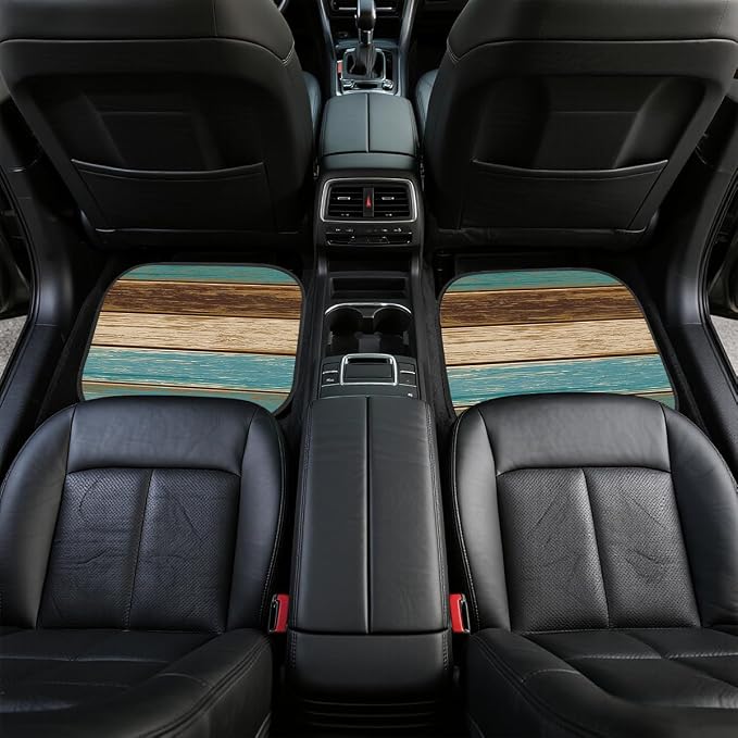 Wood Car Floor Mats Set of 4 Rustic Blue Brown Vintage Plank Automotive Foot Mats Rugs Carpet for Car Non-Slip Auto Car Accessories Universal Fit Car Accessories for Truck