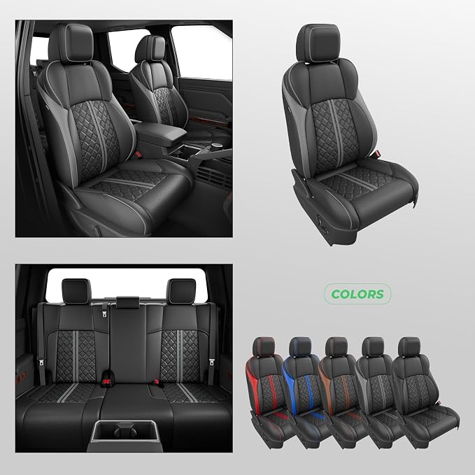 Custom Seat Covers for Tacoma 4th Gen 2024 2025 2026 Double Cab SR5/TRD Sport/TRD Off-Road/SR Full Set with Console Covers, Waterproof Leather Back and Front Seat Protectors Black Grey