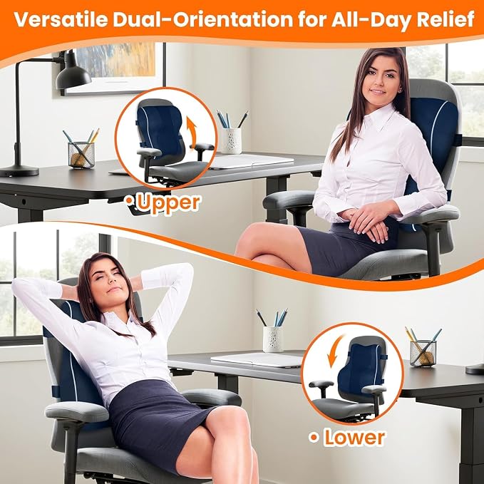 CloudBliss Ergonomic Lumbar Support Pillow Seat Cuhsion - Memory Foam for Lower Back Pain Relief, Adjustable Straps & Mesh Cover for Office, Gaming, Car Seat (Medium, Blue)