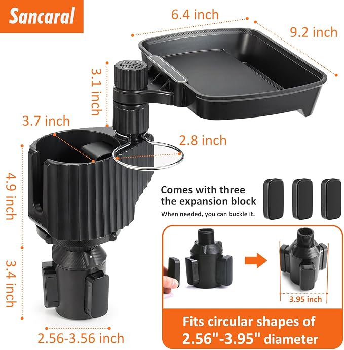 Car Large Cup Holder Expander, 3-in-1 Cupholder Extender with Swivel and Detachable Snack Food Tray Table for Eating, Travel Essentials for Road Trips for Driver. Model A