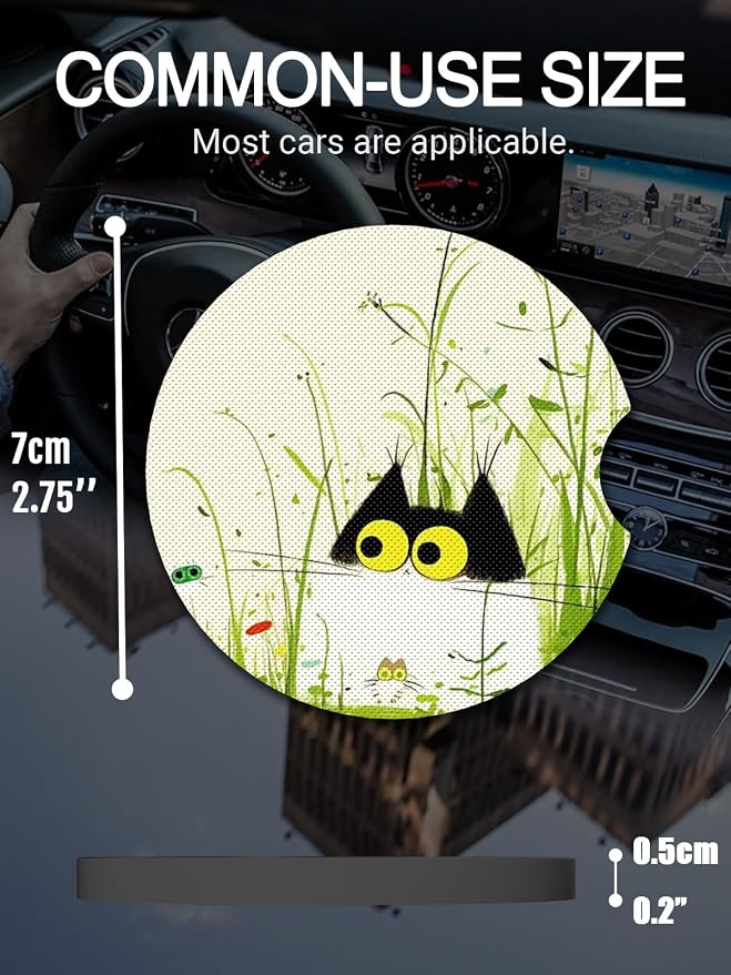 WOCOCN Cute Cup Holder Coasters for Your Car with Fingertip Grip, Auto Accessories for Women & Men,Pack of 2(Grass Cat)