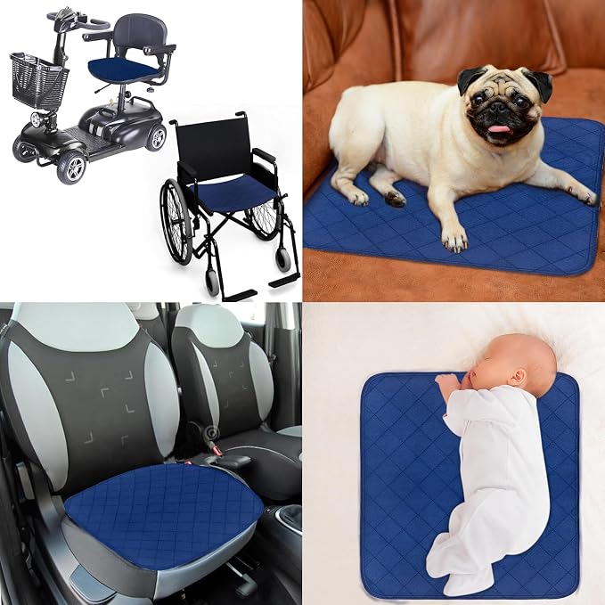 Waterproof Chair Pads for Incontinence 22" x 21", 2 Pack Non Slip Absorbent Wheelchair Reusable Seat Protector, Washable Seat Covers for Chairs, Navy