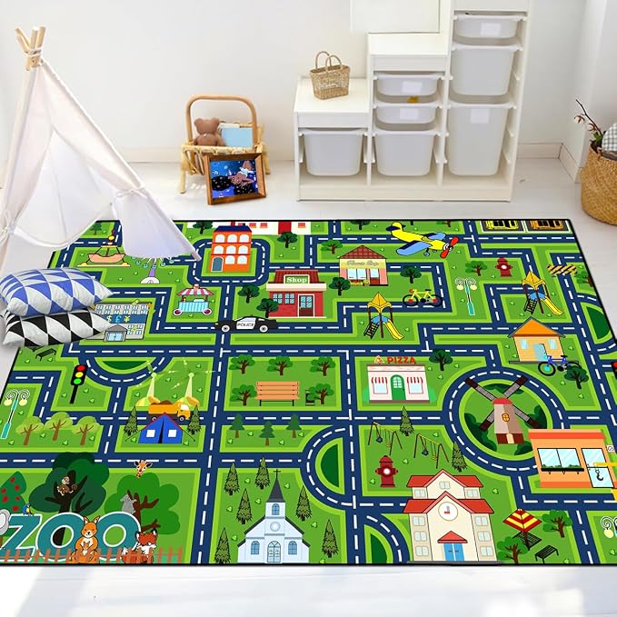 Educational Learning Area Rug, 5x7 Feet Extra Large Road Traffic City Map Play Carpet Car Rug Playmat for Boys Girls Children Playroom Bedroom