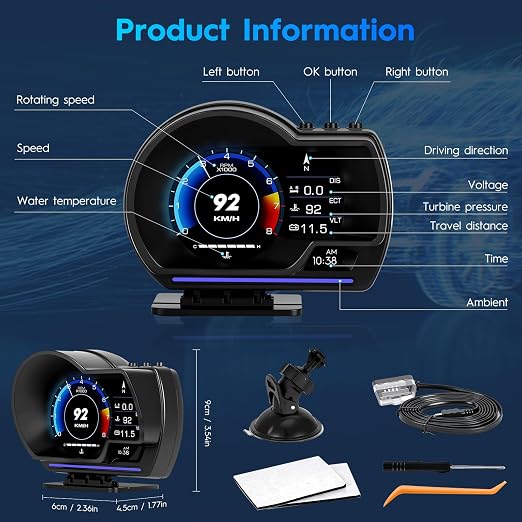OBD2 Gauge Display, Heads Up Display for Cars, Gauge with OBD GPS Dual System, OBD2 Speedometer for Car with Water TEM, Volt, Mileage, Overspeed & Fatigue Driving Alarm, RPM, Works Great for Most Cars