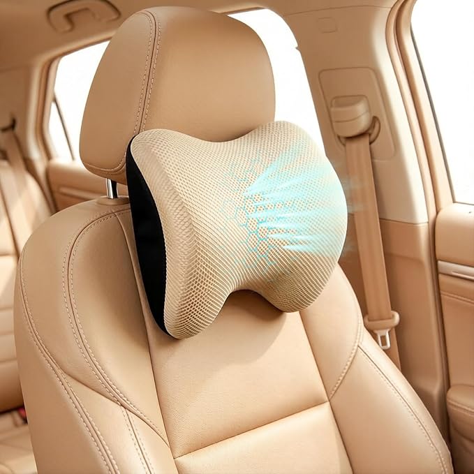 Make Restful Car Headrest Pillow, Car Pillow with Adjustable Strap, Beige | Breathable Removable Cover & Ergonomic Neck Support Cushion, Memory Foam Car Neck Pillow for Driving Fits Most Types of Seats