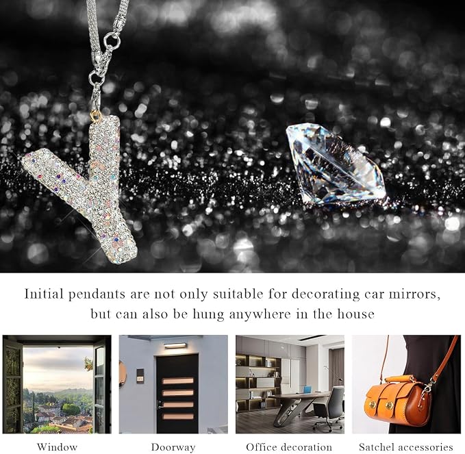 DXNQ Bling Initial Car Rear View Mirror Ornament, Crystal Sparkling Cute Letter Charm Pendant Auto Decor, Hanging Lucky Diamond Initial Charm Car Mirror Bag Ornament for Girl Women (Letter Y)